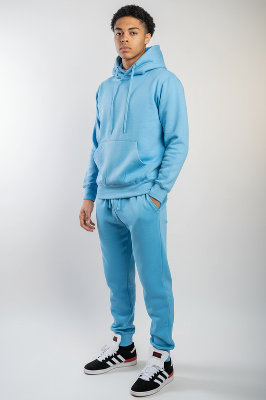 Three-quarter view of sky blue fleece sweatsuit set