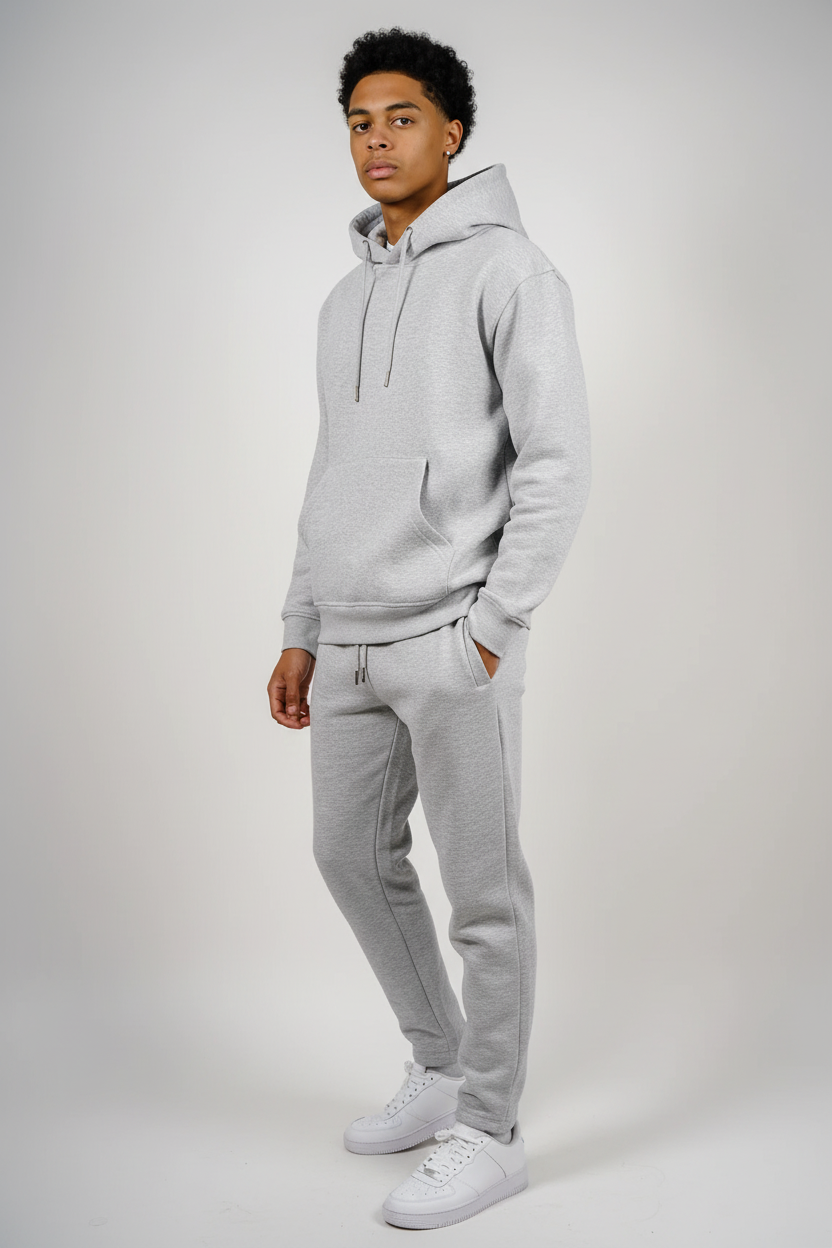 Three-quarter view of gray fleece sweatsuit set