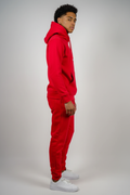 Side view of red fleece sweatsuit set