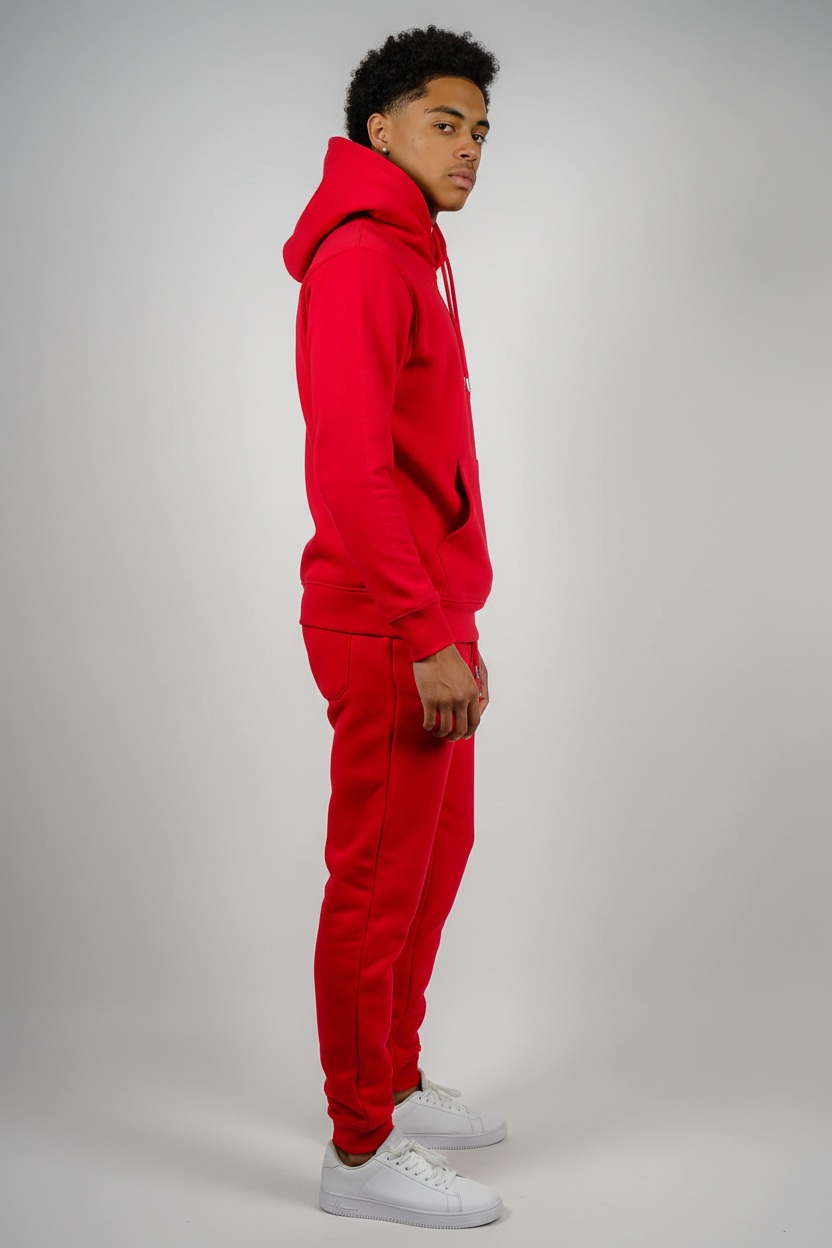 Side view of red fleece sweatsuit set