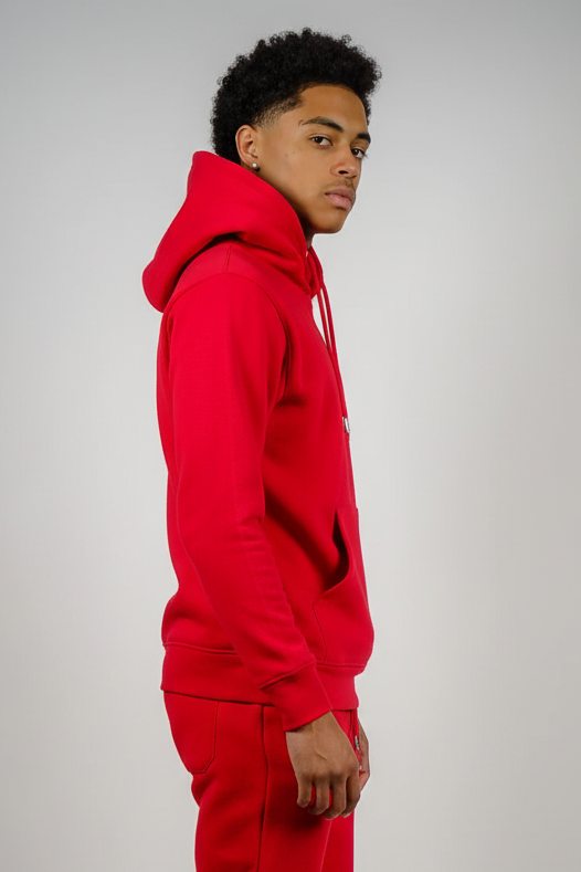 Side view of red fleece sweatsuit set