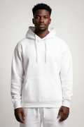 Front view of 10 OZ white fleece hoodie on Black male model