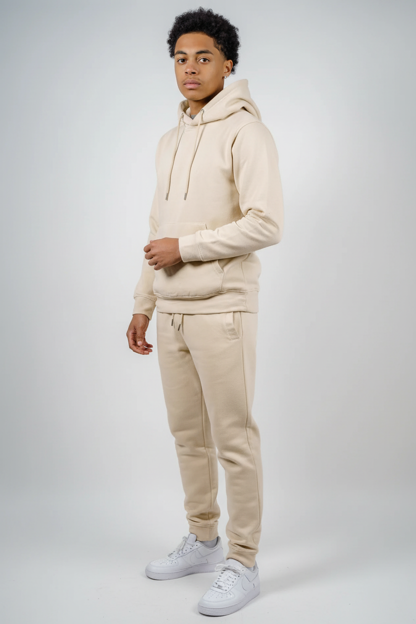 Three-quarter view of sand fleece sweatsuit set