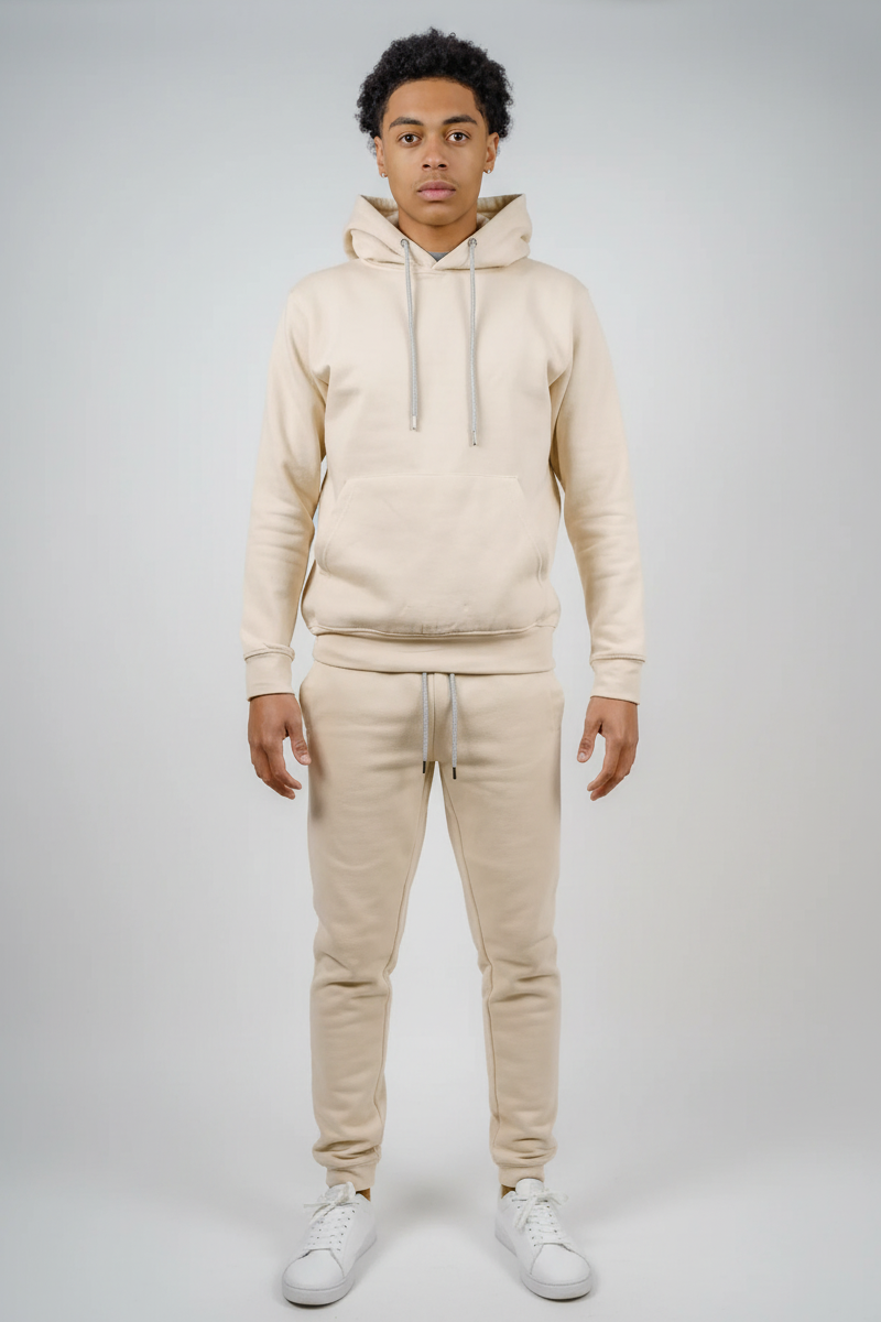 Front view of sand fleece sweatsuit set