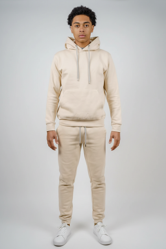 Front view of sand fleece sweatsuit set