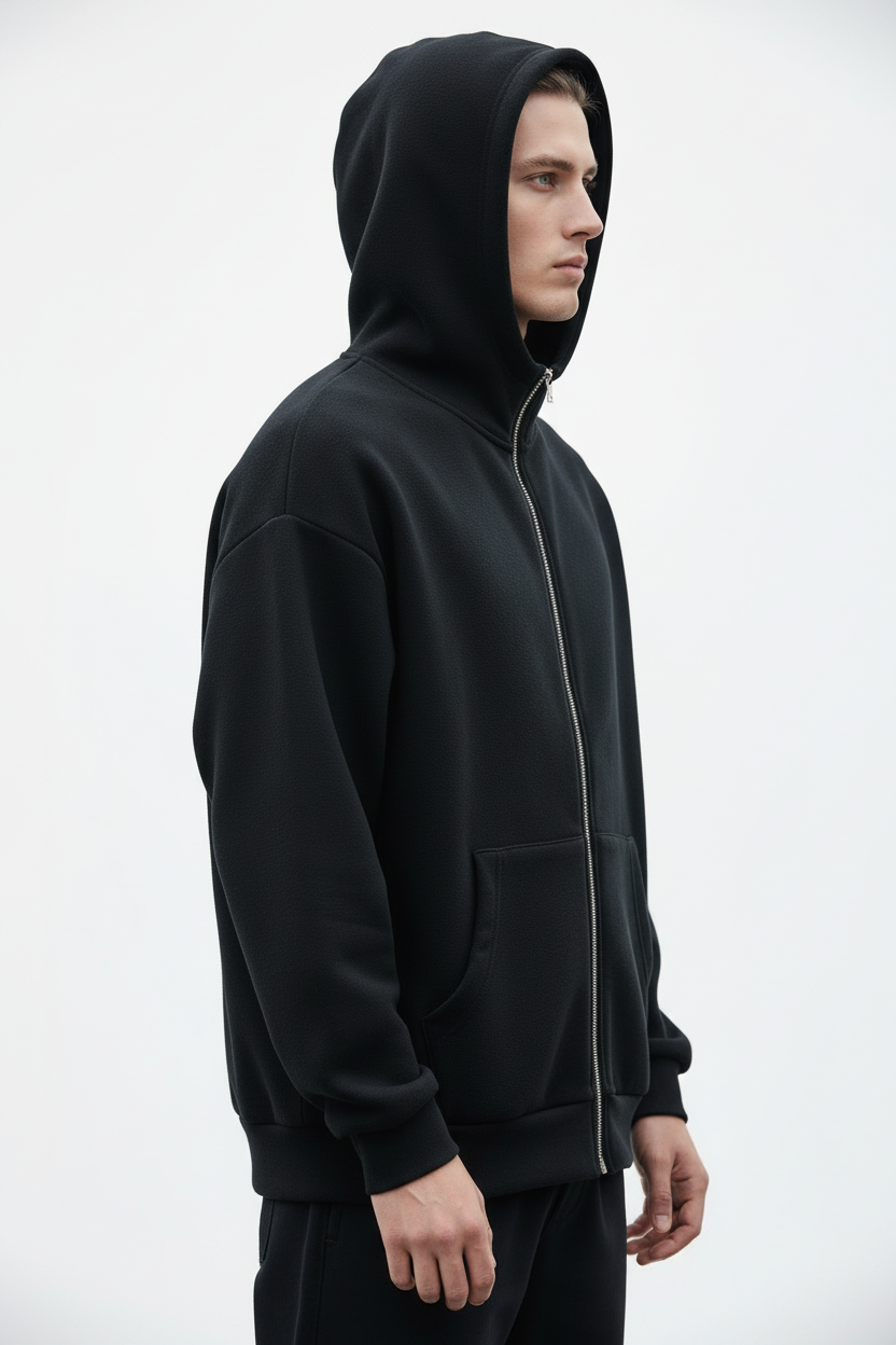 14 OZ Black Oversized Full-Zip Fleece Hoodie