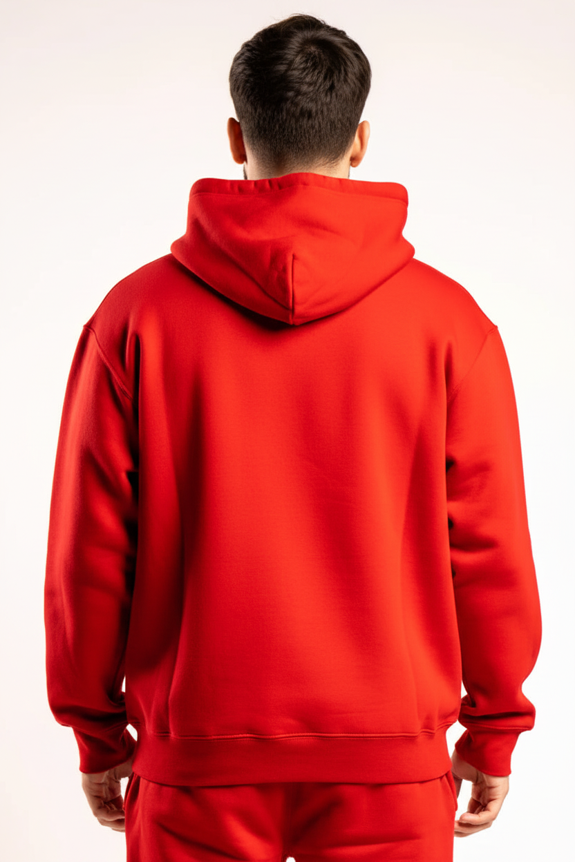 Back view of red 10 oz heavyweight fleece hoodie