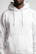 Detail shot of 10 OZ white fleece hoodie on Black male model
