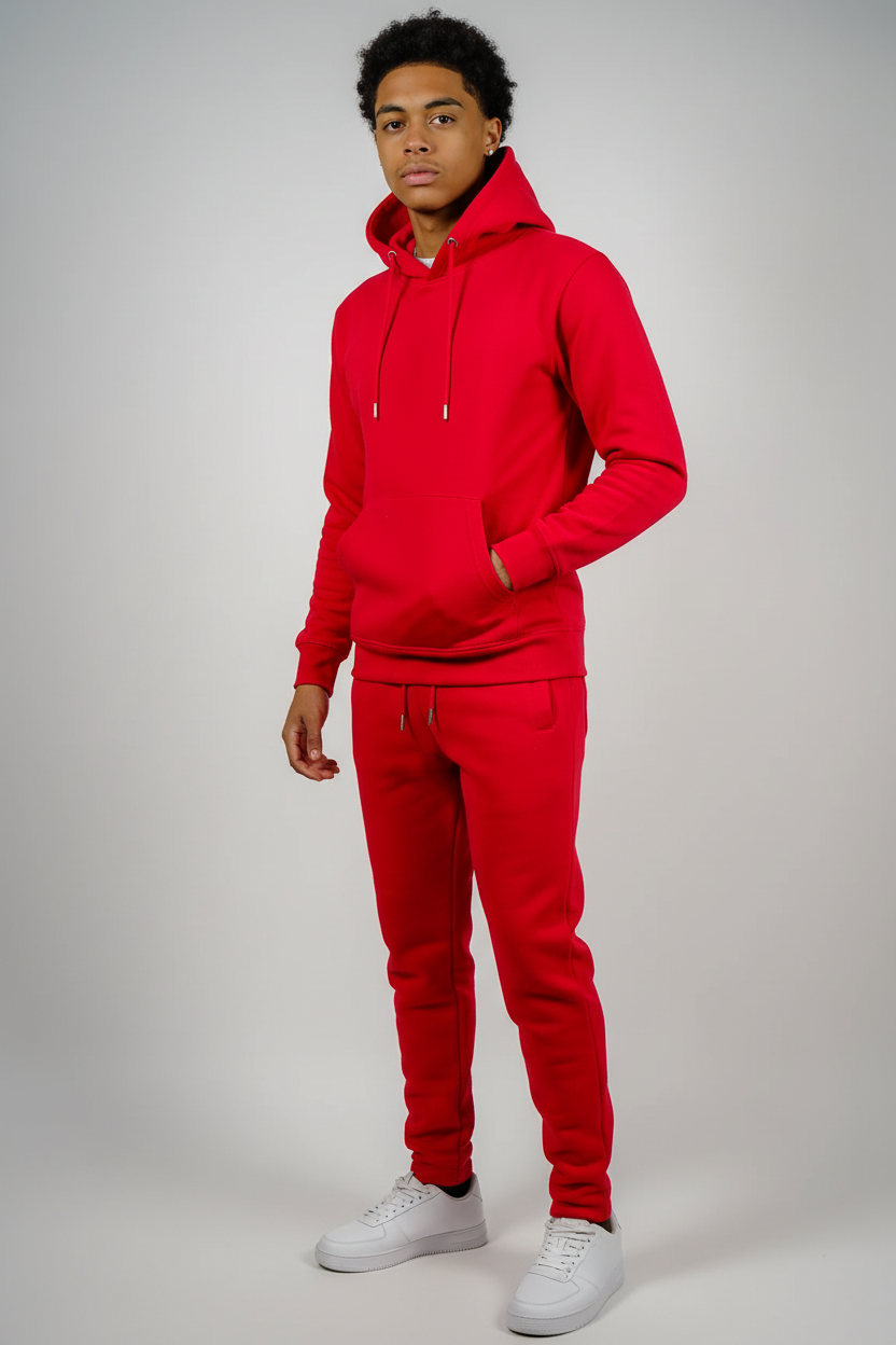 Three-quarter view of red fleece sweatsuit set
