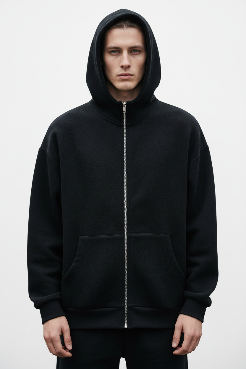 14 OZ Black Oversized Full-Zip Fleece Hoodie