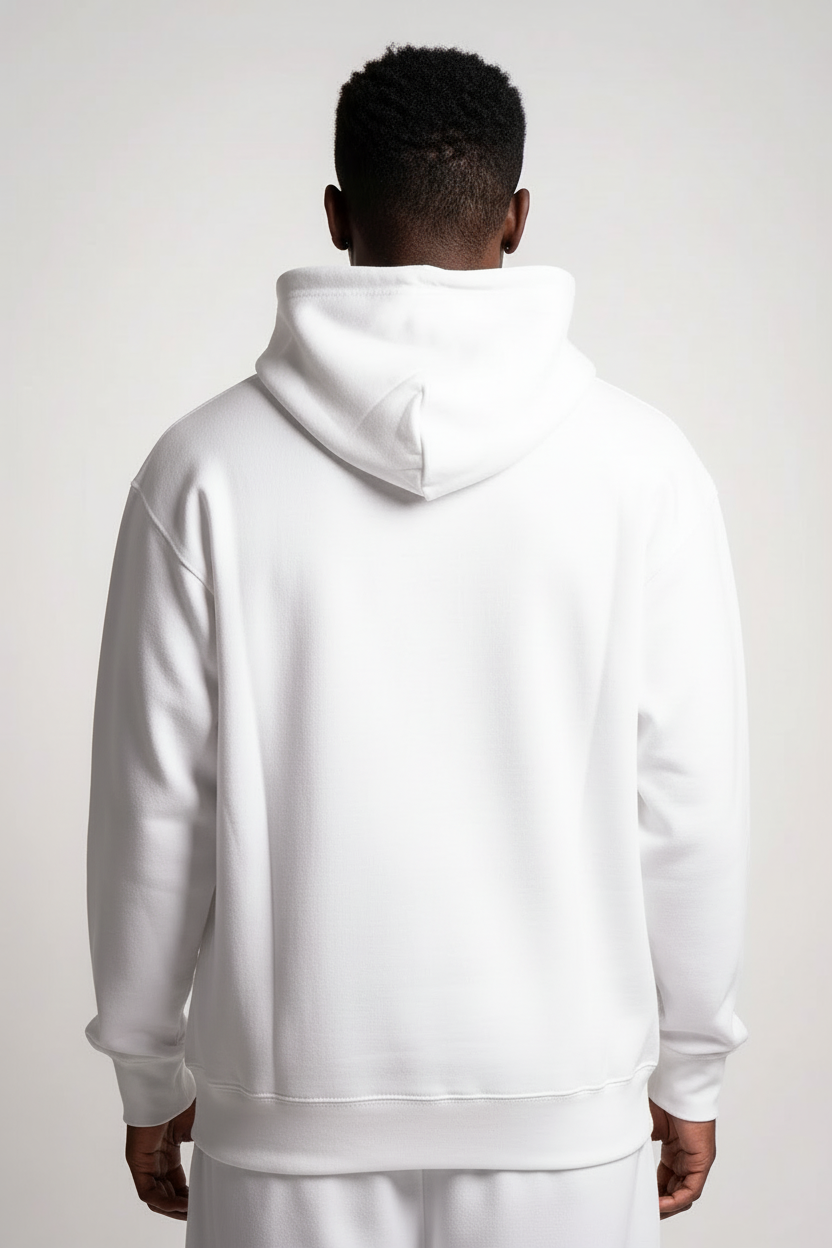 Back view of 10 OZ white fleece hoodie on Black male model