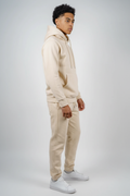 Side view of sand fleece sweatsuit set