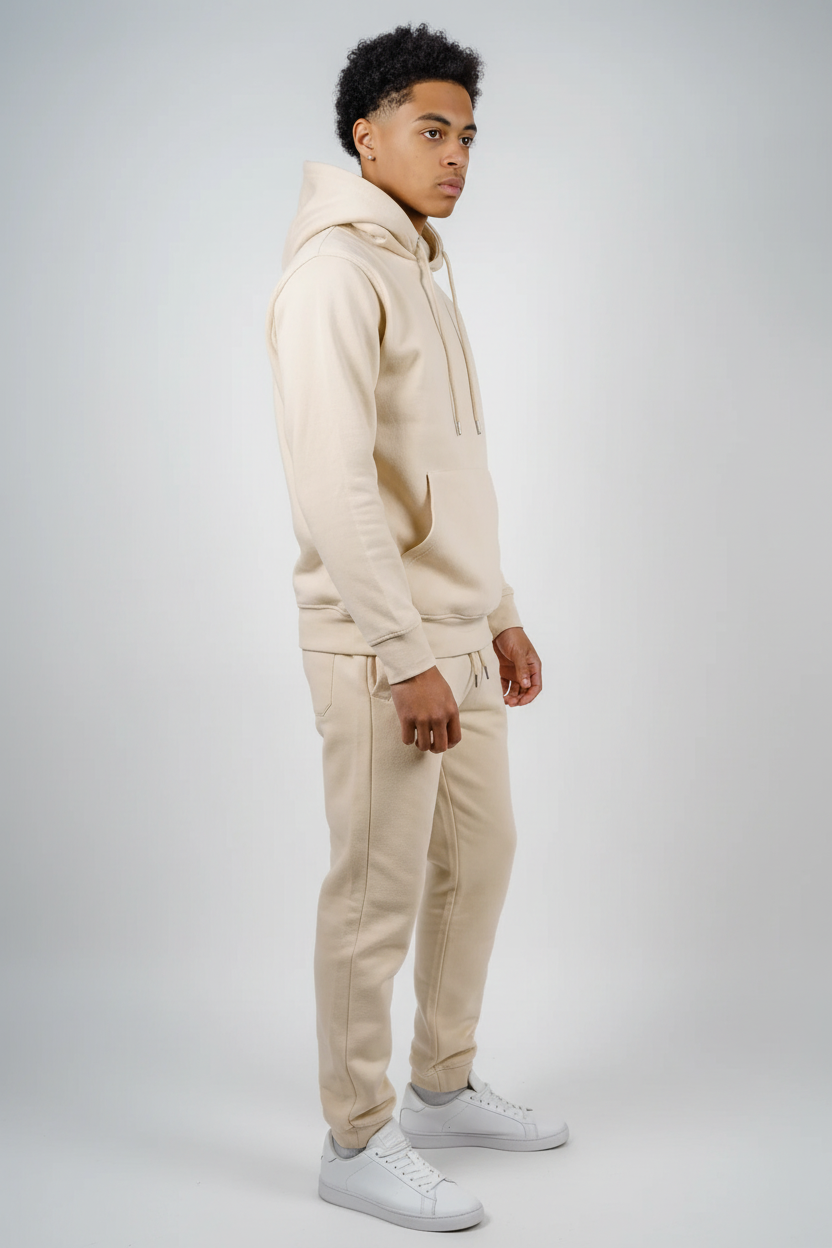 Side view of sand fleece sweatsuit set