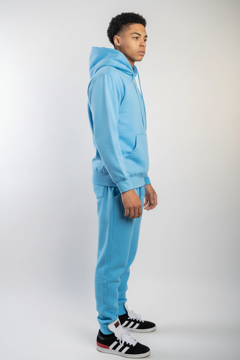 Side view of sky blue fleece sweatsuit set