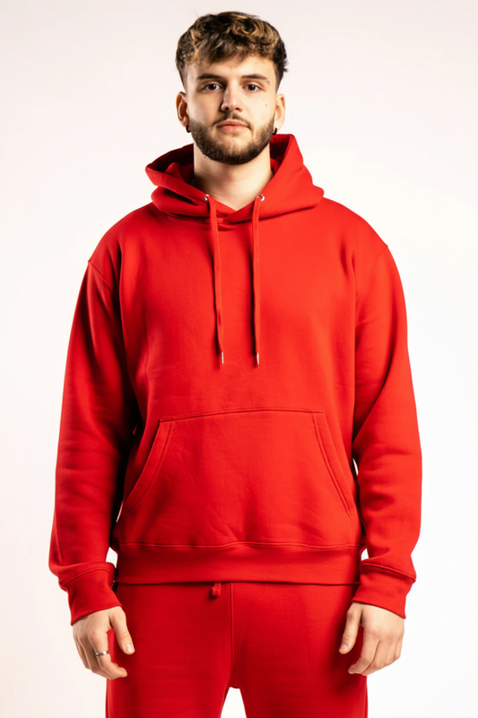 Front view of red 10 oz heavyweight fleece hoodie