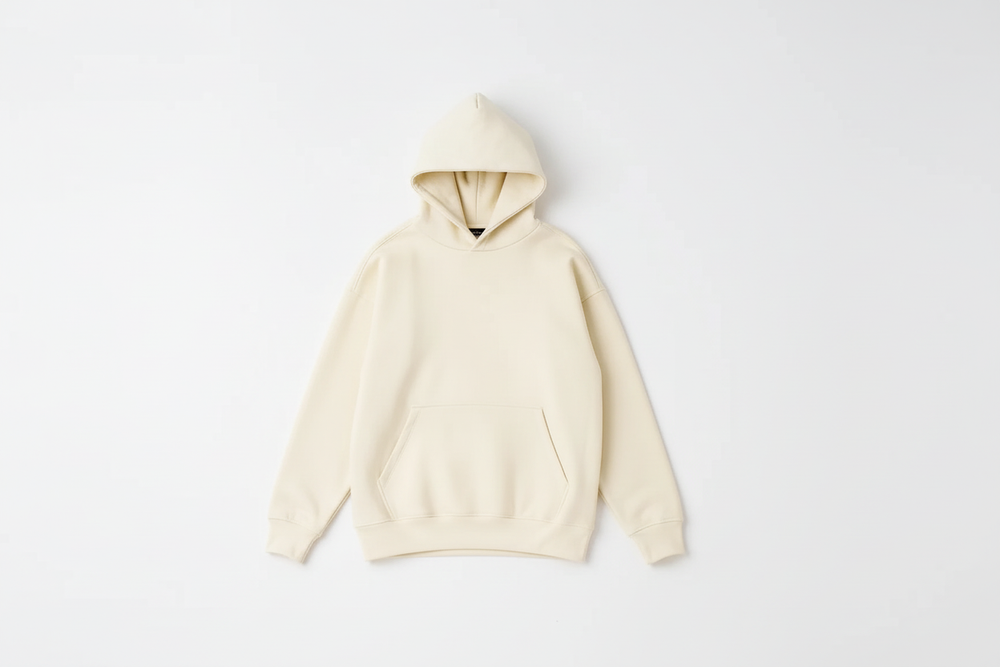 Ivory 14 OZ Drop Shoulder Hoodie Luxury Flat Lay Front View