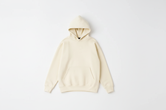 Ivory 14 OZ Drop Shoulder Hoodie Luxury Flat Lay Front View