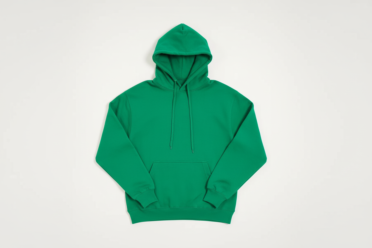 Kelly Green 10 OZ Hoodie Luxury Flat Lay Front View - Short Drawstrings
