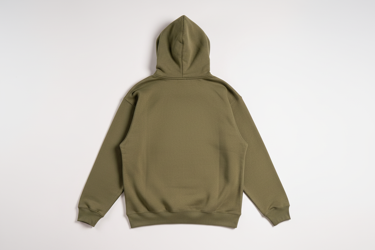 Olive Green 10 OZ Hoodie Luxury Flat Lay Back View