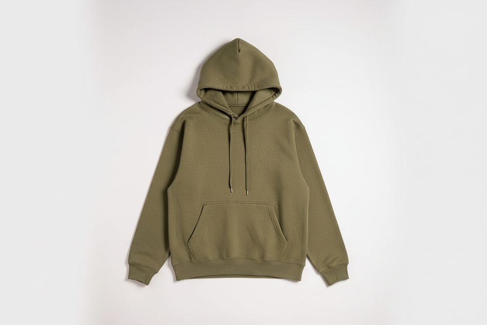 Olive Green 10 OZ Hoodie Luxury Flat Lay Front View