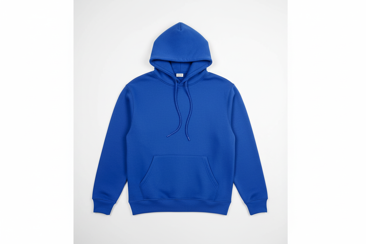 Royal Blue 12 OZ Tight Fleece Hoodie Luxury Flat Lay Front View