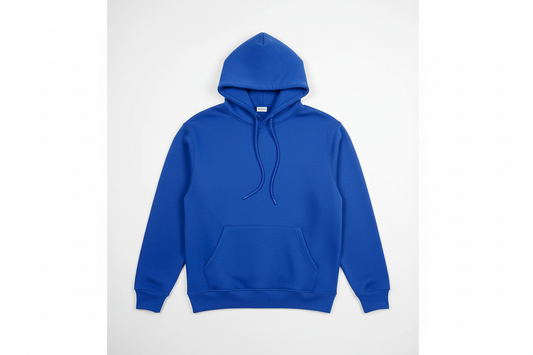Royal Blue 12 OZ Tight Fleece Hoodie Luxury Flat Lay Front View