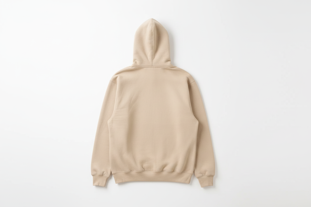 Sand 10 OZ Fleece Zip-Up Hoodie Luxury Flat Lay Back View