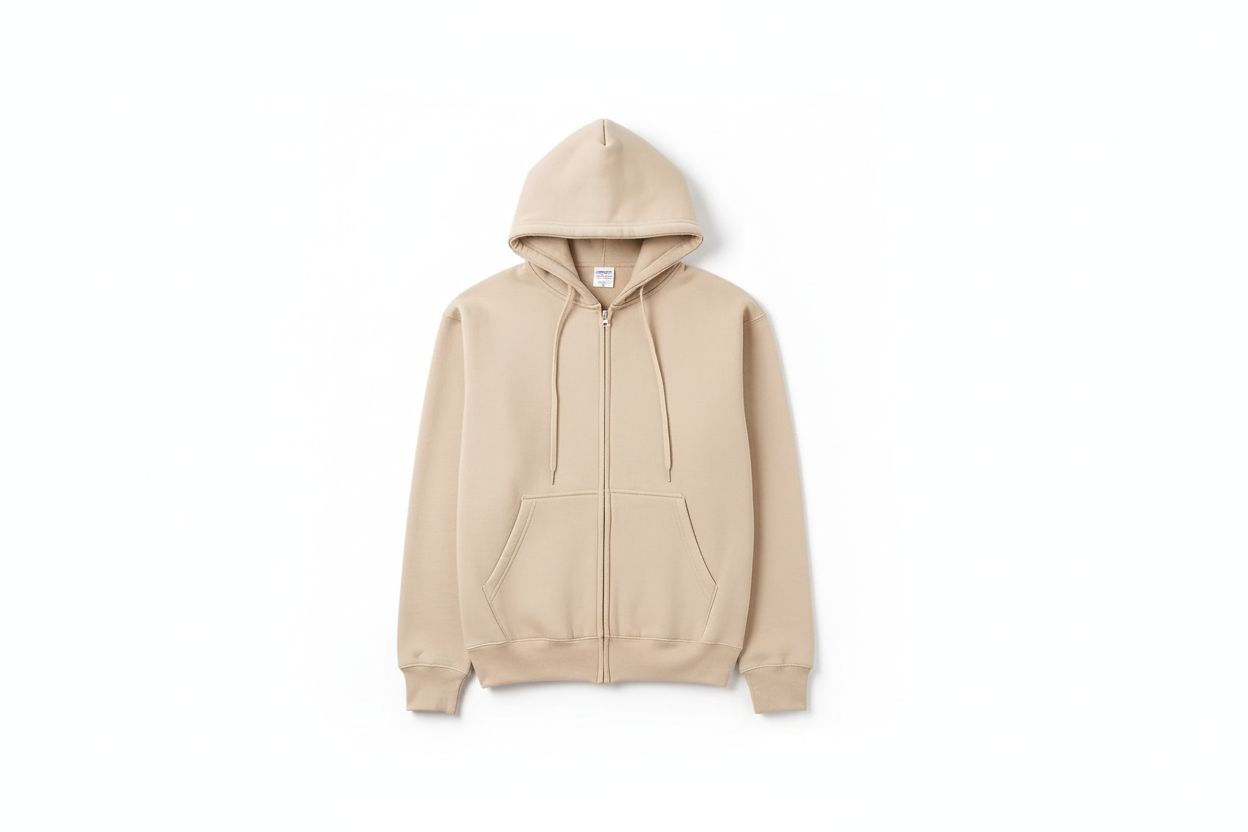 Sand 10 OZ Fleece Zip-Up Hoodie Luxury Flat Lay Front View
