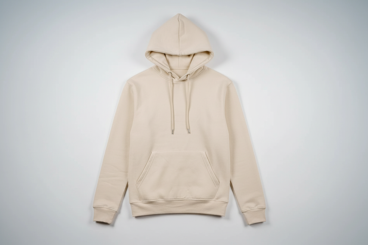 Sand 12 OZ Tight Fleece Hoodie Luxury Flat Lay Front View