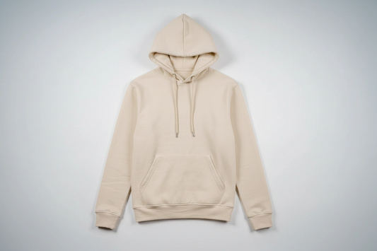 Sand 12 OZ Tight Fleece Hoodie Luxury Flat Lay Front View