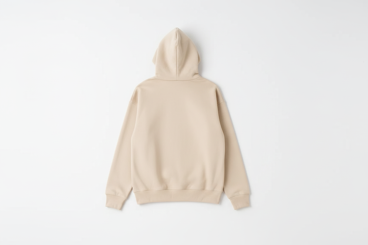 Sand 14 OZ Drop Shoulder Basic Hoodie Luxury Flat Lay Back View