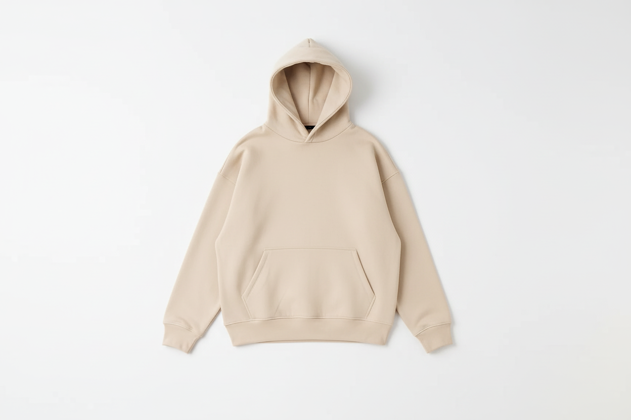 Sand 14 OZ Drop Shoulder Basic Hoodie Luxury Flat Lay Front View