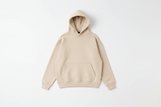Sand 14 OZ Drop Shoulder Basic Hoodie Luxury Flat Lay Front View