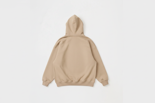Sand 14 OZ Full-Zip Fleece Hoodie Luxury Flat Lay Back View - Neck Details