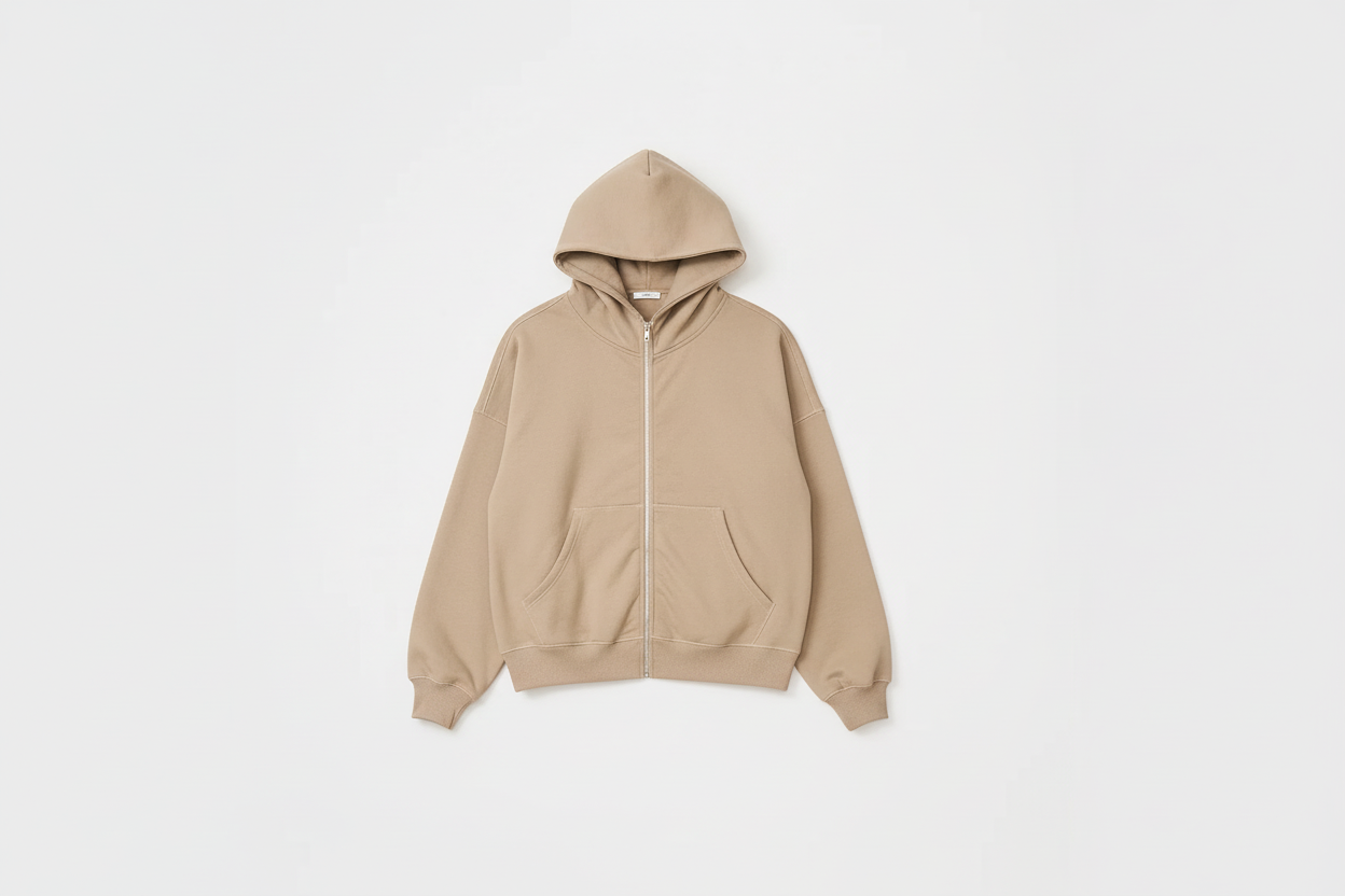 Sand 14 OZ Full-Zip Fleece Hoodie Luxury Flat Lay Front View - Neck Details