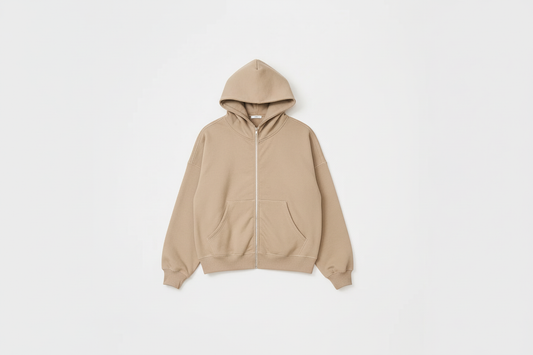 Sand 14 OZ Full-Zip Fleece Hoodie Luxury Flat Lay Front View - Neck Details