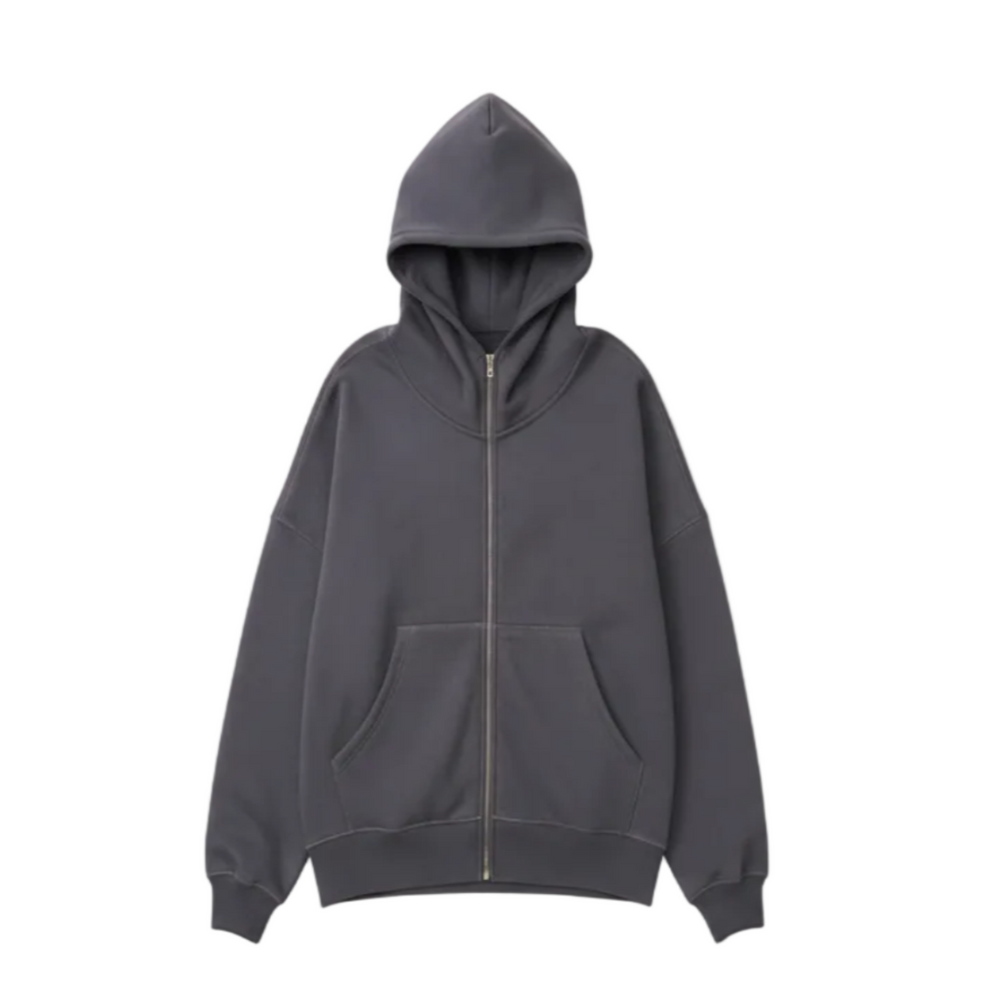 Shadow 14 OZ Full-Zip Fleece Hoodie Luxury Flat Lay Front View - No Drawstrings