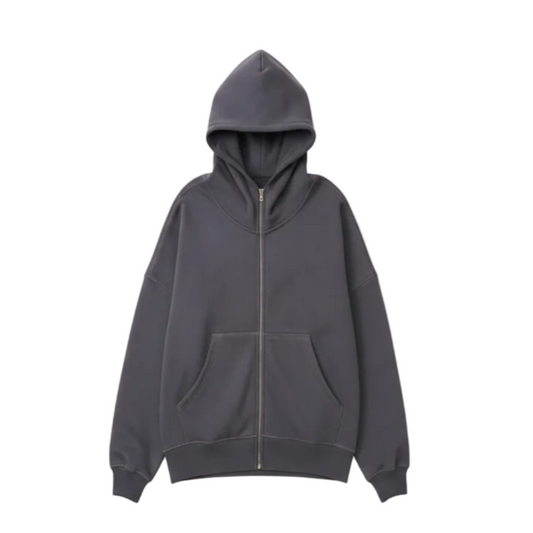 Shadow 14 OZ Full-Zip Fleece Hoodie Luxury Flat Lay Front View - No Drawstrings