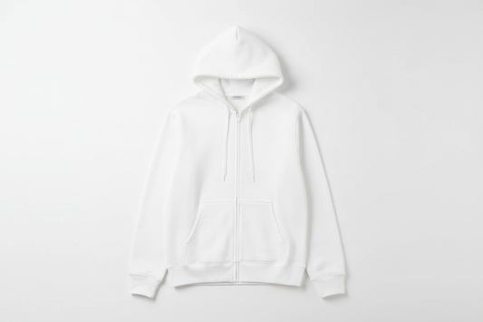 White 10 OZ Zip-Up Hoodie Luxury Flat Lay Front View with Drawstrings