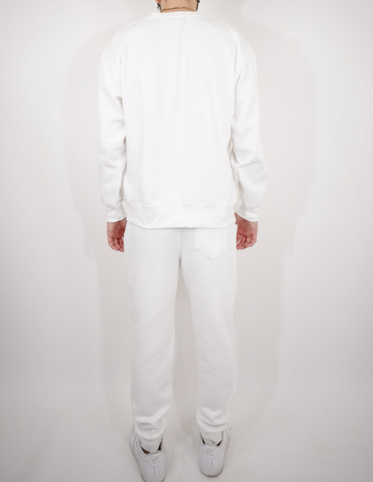 White Blend Fleece Crew-Neck SweatSuit