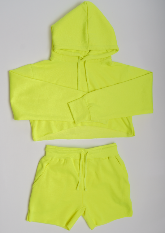 Neon Lime Crop Top Fleece Short Set