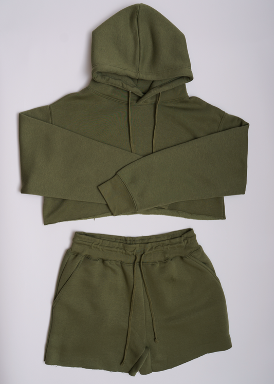 Olive Green Crop Top Fleece Short Set