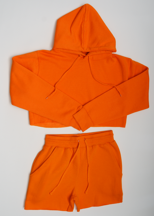 Neon Orange Crop Top Fleece Short Set