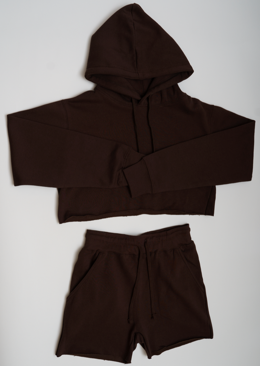 Brown Crop Top Fleece Short Set